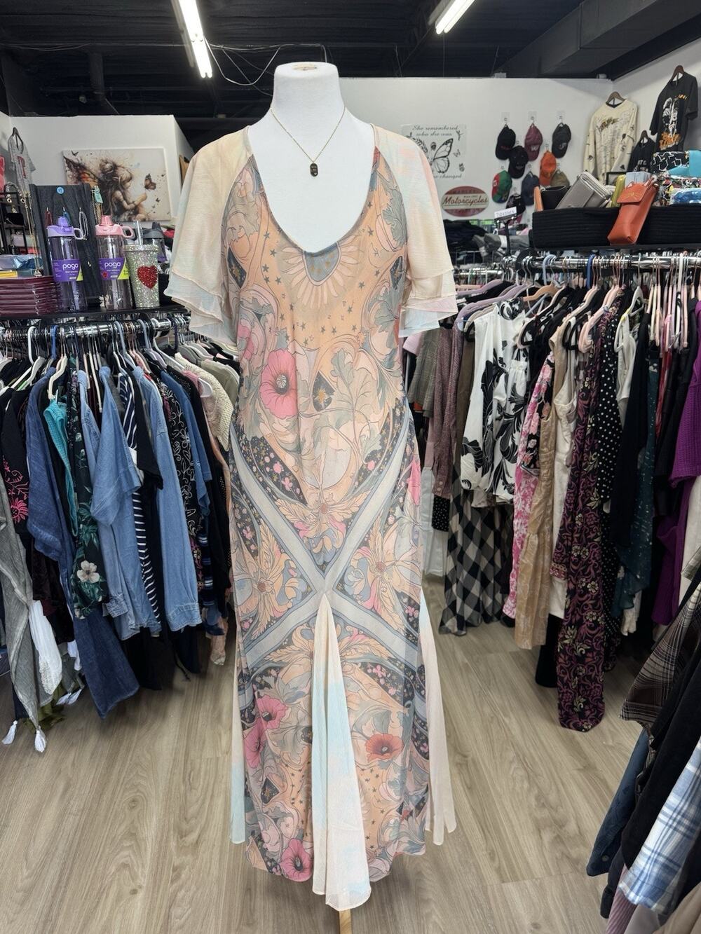 Free People Fairy Combo Floral Chiffon Maxi Dress Pink Flutter Sleeve Size M